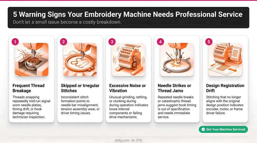 Five warning signs indicating embroidery machine needs professional service repair