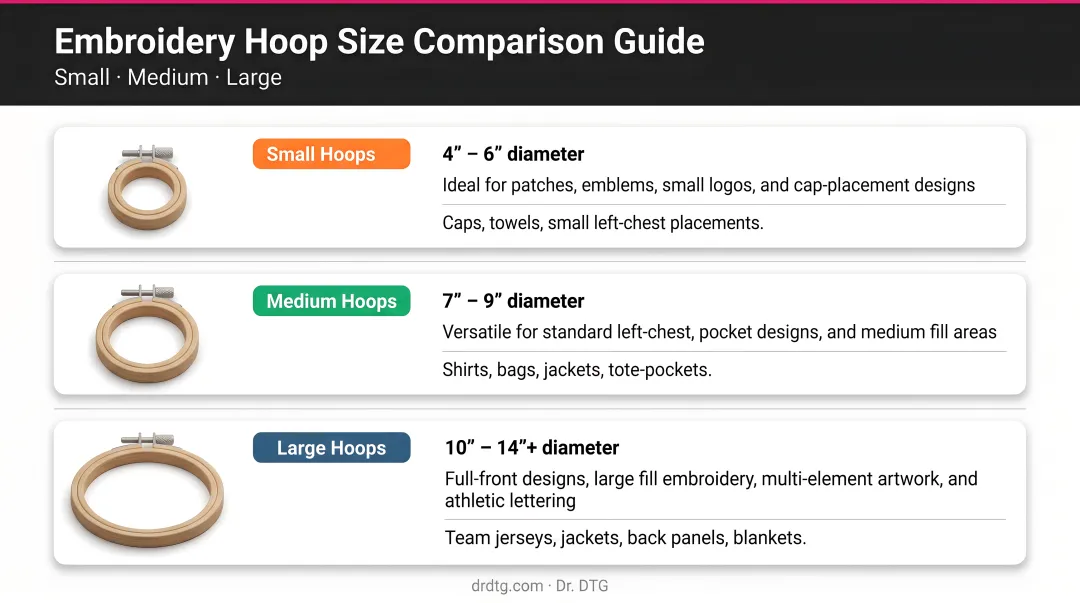 Embroidery hoop size comparison chart three tiers from small to large