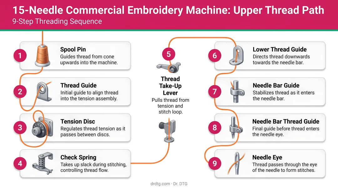 9-step 15-needle embroidery machine upper thread path sequence diagram