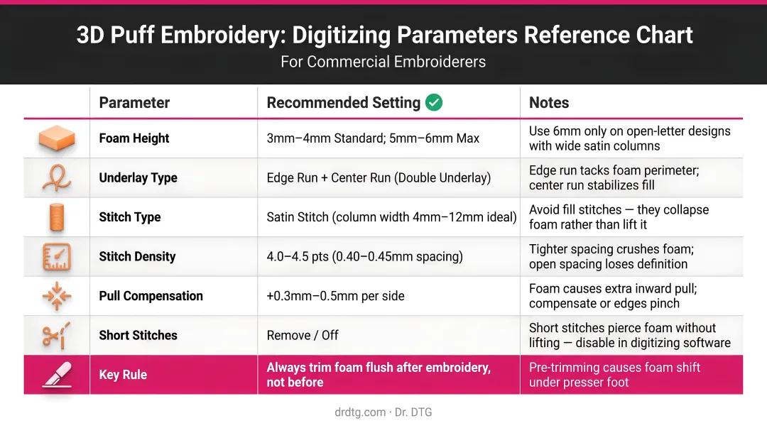 3D puff embroidery digitizing parameters settings reference chart for embroiderers