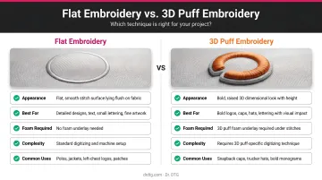 Flat embroidery versus 3D puff embroidery side-by-side comparison infographic