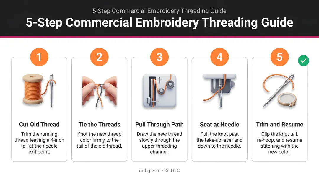 5-step tie-on color change method for commercial embroidery machine threading
