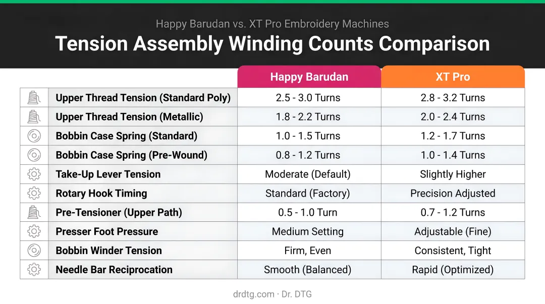 Tension assembly winding counts comparison for Happy Barudan and XT Pro embroidery machines