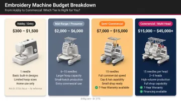 Embroidery machine budget breakdown comparing four price tiers from hobby to commercial