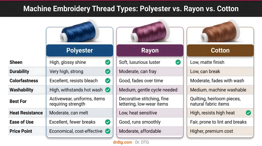 Three machine embroidery thread types comparison chart polyester rayon cotton