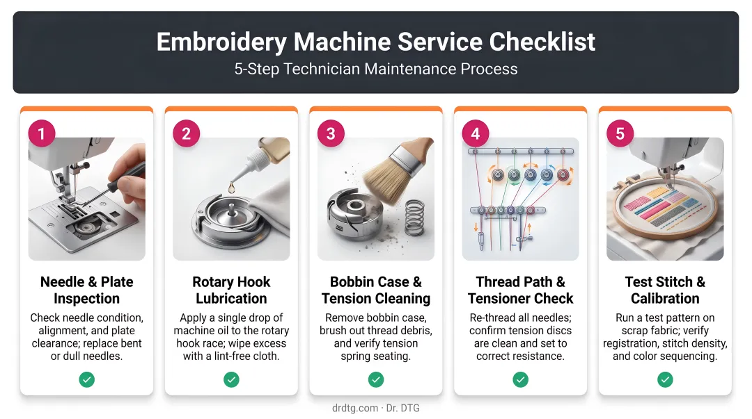 Professional embroidery machine service checklist five-step technician maintenance process