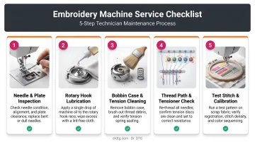 Professional embroidery machine service checklist five-step technician maintenance process