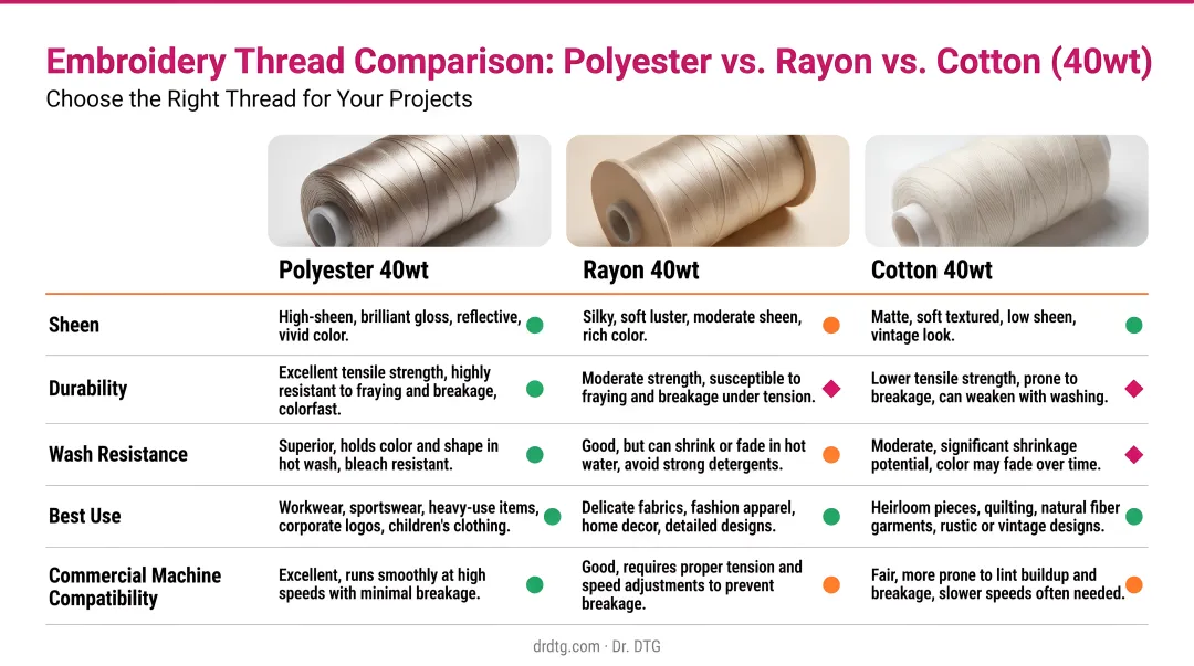 Polyester rayon and cotton 40wt embroidery thread comparison of sheen durability and wash resistance