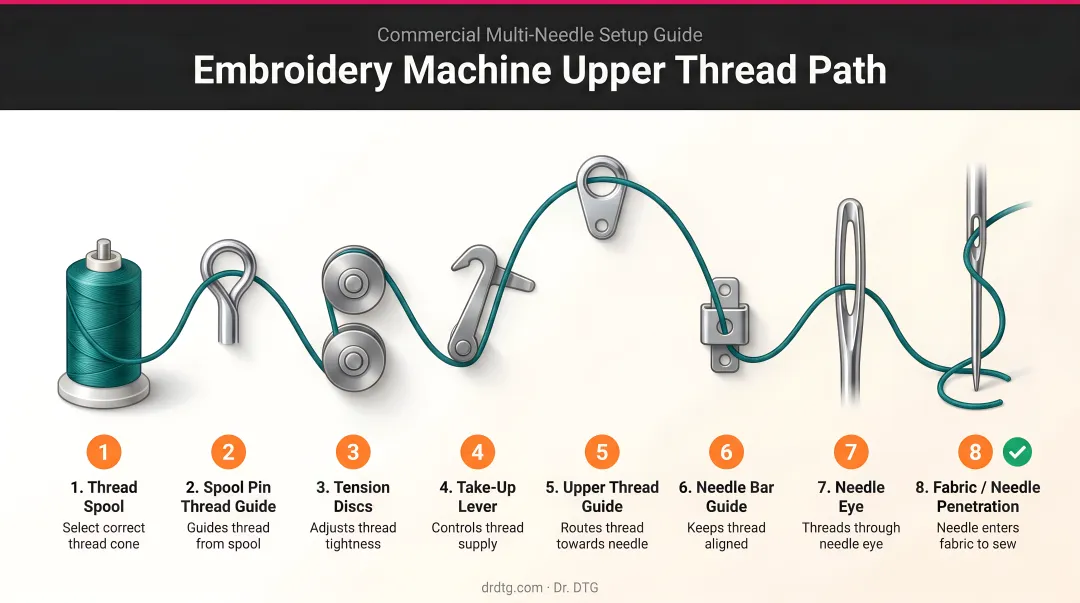 Embroidery machine upper thread path sequence from spool to needle diagram