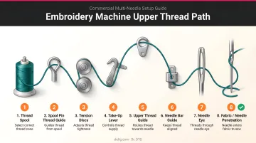 Embroidery machine upper thread path sequence from spool to needle diagram