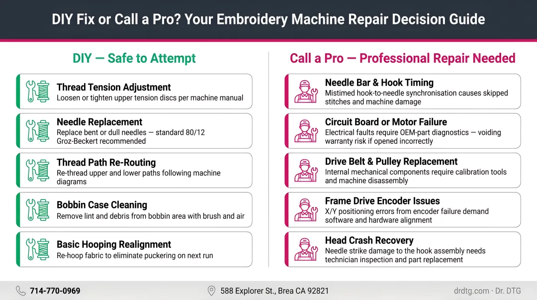 DIY embroidery machine fix versus professional repair decision guide infographic