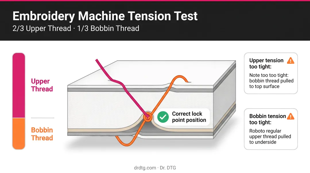 Embroidery machine tension test showing two-thirds upper one-third bobbin thread ratio