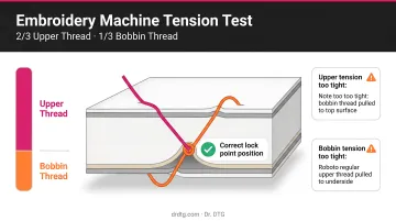 Embroidery machine tension test showing two-thirds upper one-third bobbin thread ratio