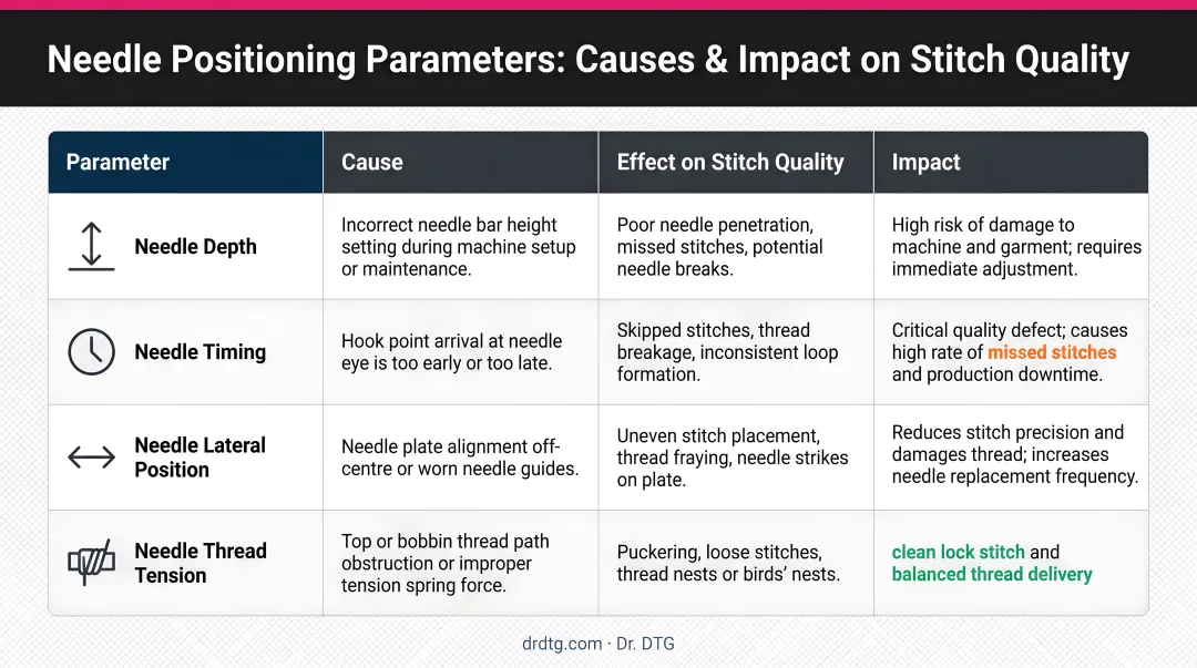 Four needle positioning parameters comparison table showing causes and impact on stitch quality