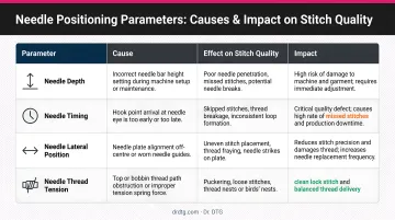 Four needle positioning parameters comparison table showing causes and impact on stitch quality
