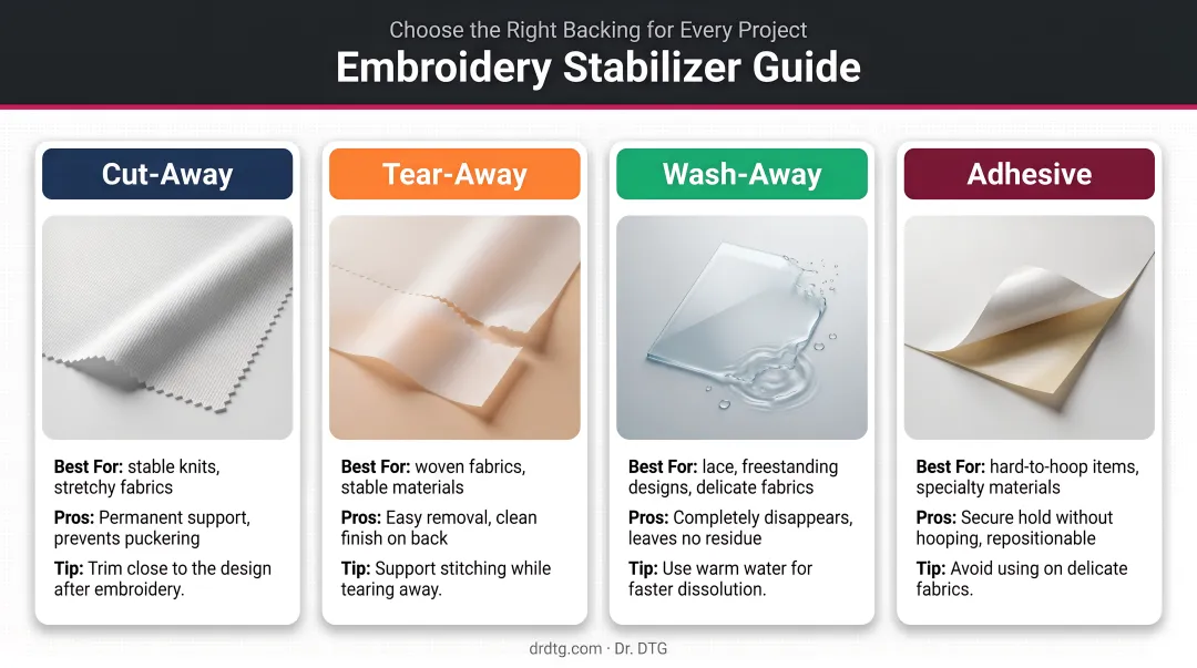 Four embroidery stabilizer types cut-away tear-away wash-away adhesive fabric guide