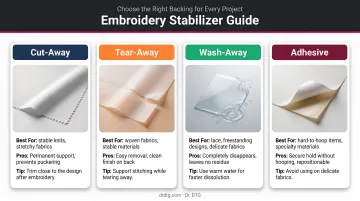 Four embroidery stabilizer types cut-away tear-away wash-away adhesive fabric guide