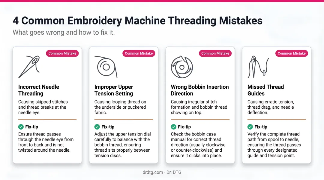 Four common embroidery machine threading mistakes and consequences comparison chart