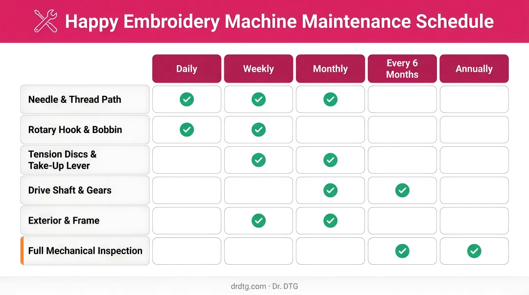 Happy embroidery machine maintenance schedule table by interval and task type