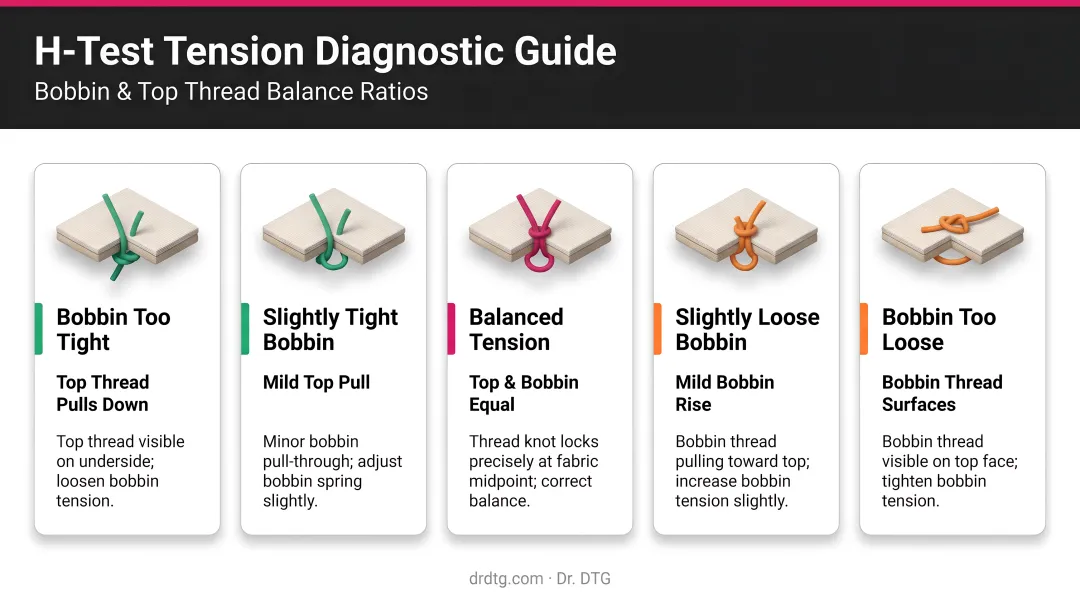 H-test tension diagnostic results guide showing bobbin and top thread balance ratios