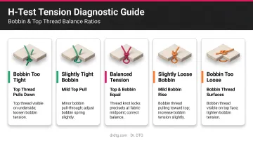 H-test tension diagnostic results guide showing bobbin and top thread balance ratios