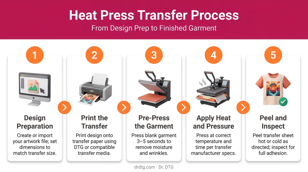5-step heat press transfer process from design preparation to finished garment