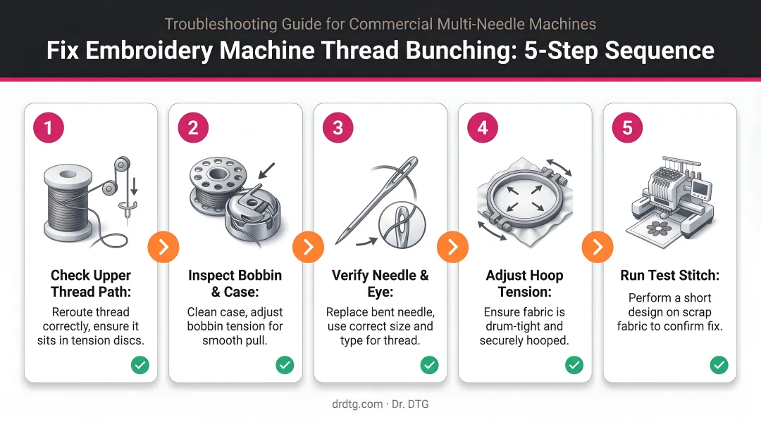 5-step embroidery machine thread bunching fix sequence process flow diagram