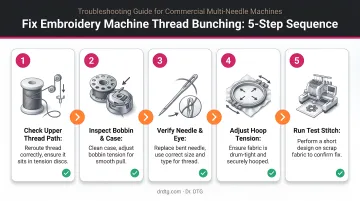 5-step embroidery machine thread bunching fix sequence process flow diagram