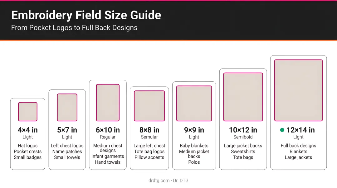 Embroidery field size comparison chart from 4x4 to 12x14 inches with project examples