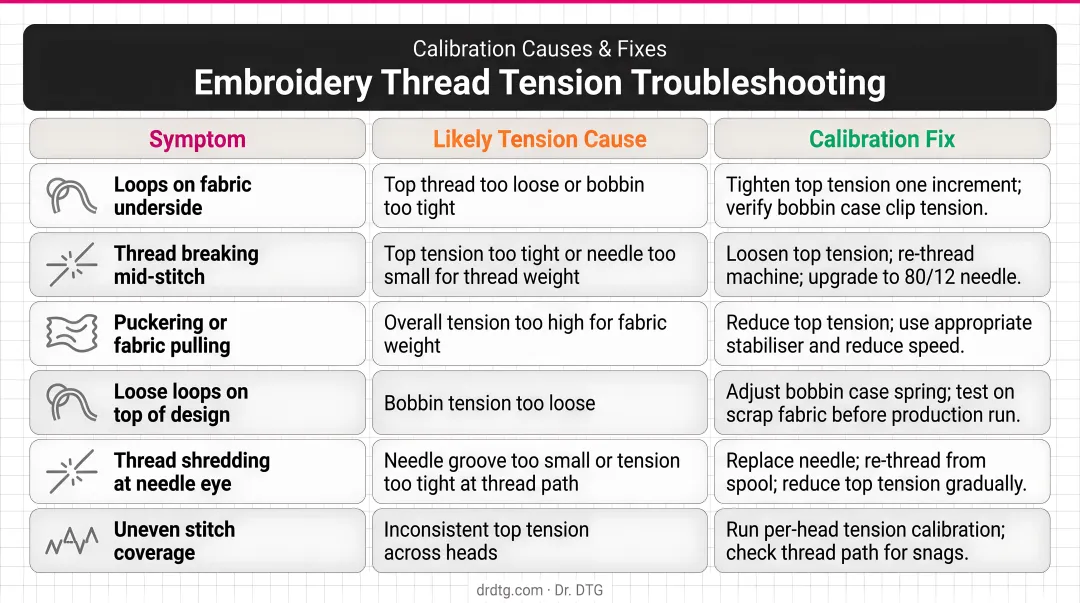 Embroidery thread tension troubleshooting chart showing symptoms and calibration causes