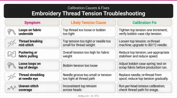 Embroidery thread tension troubleshooting chart showing symptoms and calibration causes