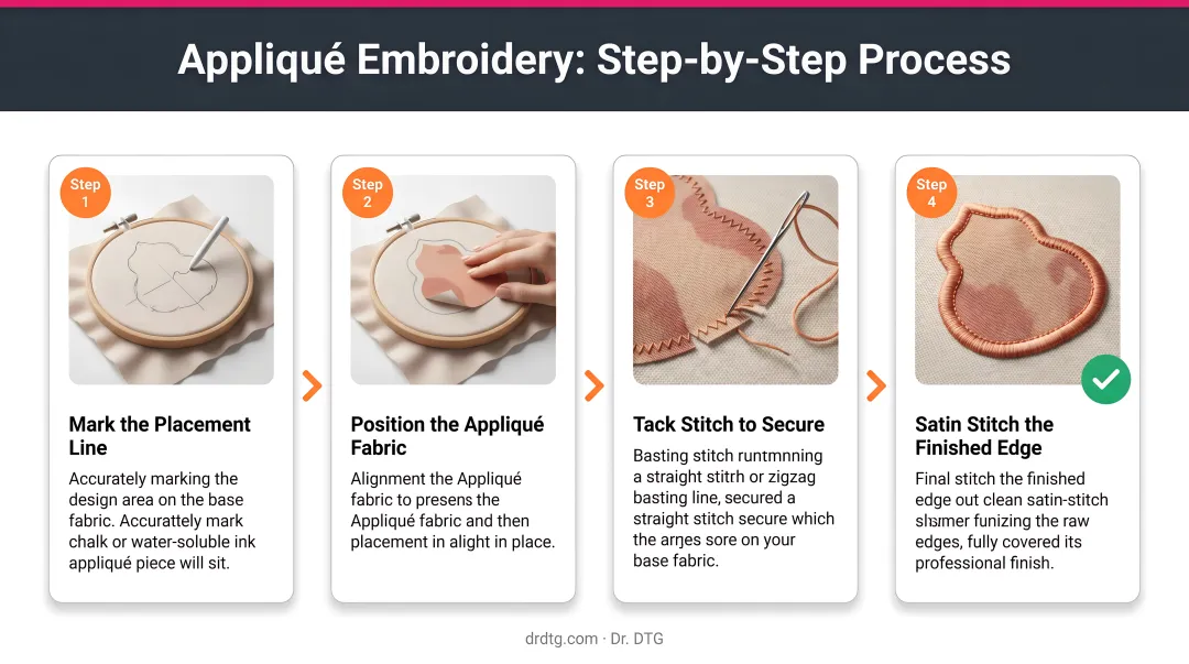 Four-step appliqué embroidery process sequence from placement line to finished edge