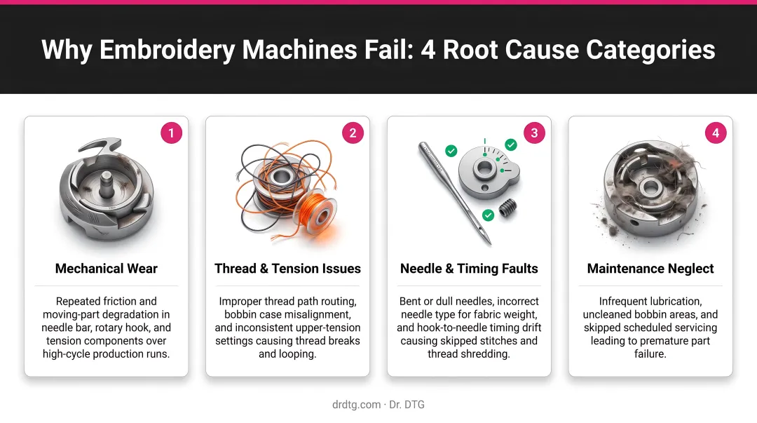 Four root cause categories of embroidery machine failures comparison infographic