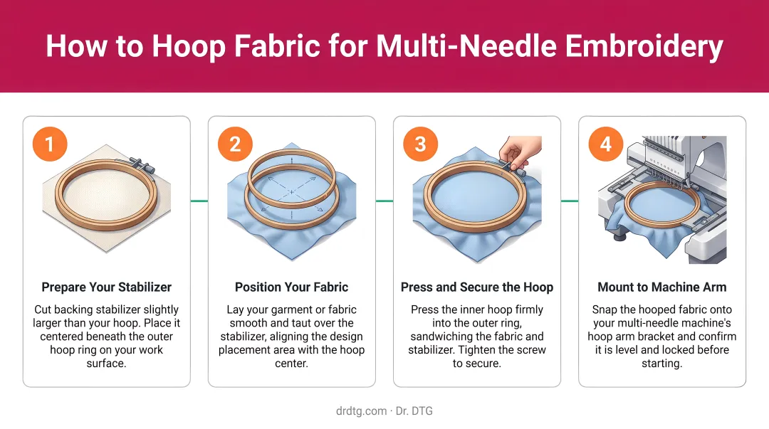 4-step hooping process for multi-needle embroidery machine fabric setup