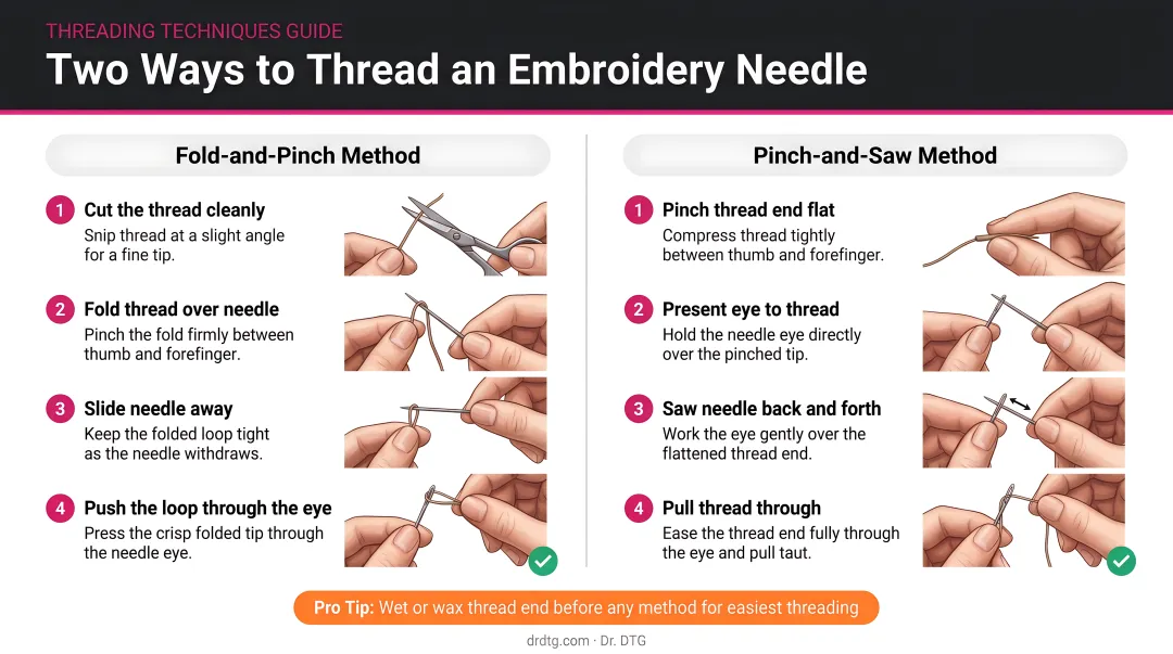 Two embroidery needle threading techniques fold-and-pinch versus pinch-and-saw steps