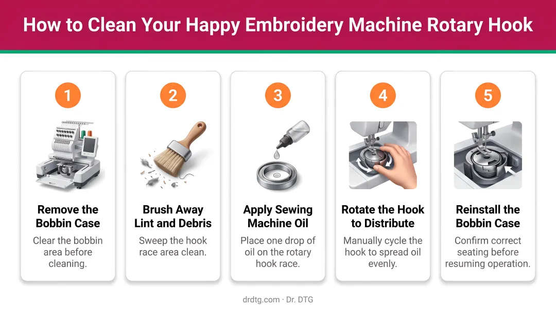 5-step rotary hook cleaning process for Happy embroidery machines infographic
