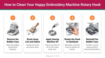 5-step rotary hook cleaning process for Happy embroidery machines infographic