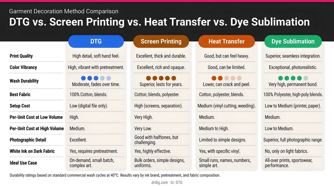 DTG screen printing heat transfer dye sublimation wash durability comparison chart