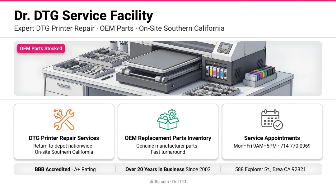 Dr. DTG facility showing technicians servicing DTG printers with OEM parts inventory