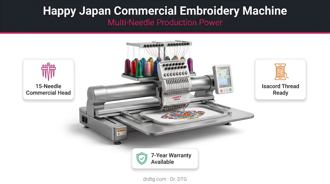 Happy Japan multi-needle commercial embroidery machine in production operation