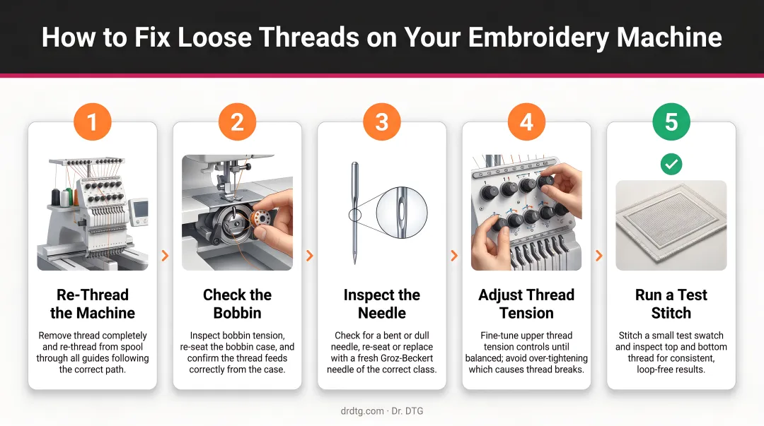 Five-step embroidery machine loose thread fix process flow from re-threading to test stitching