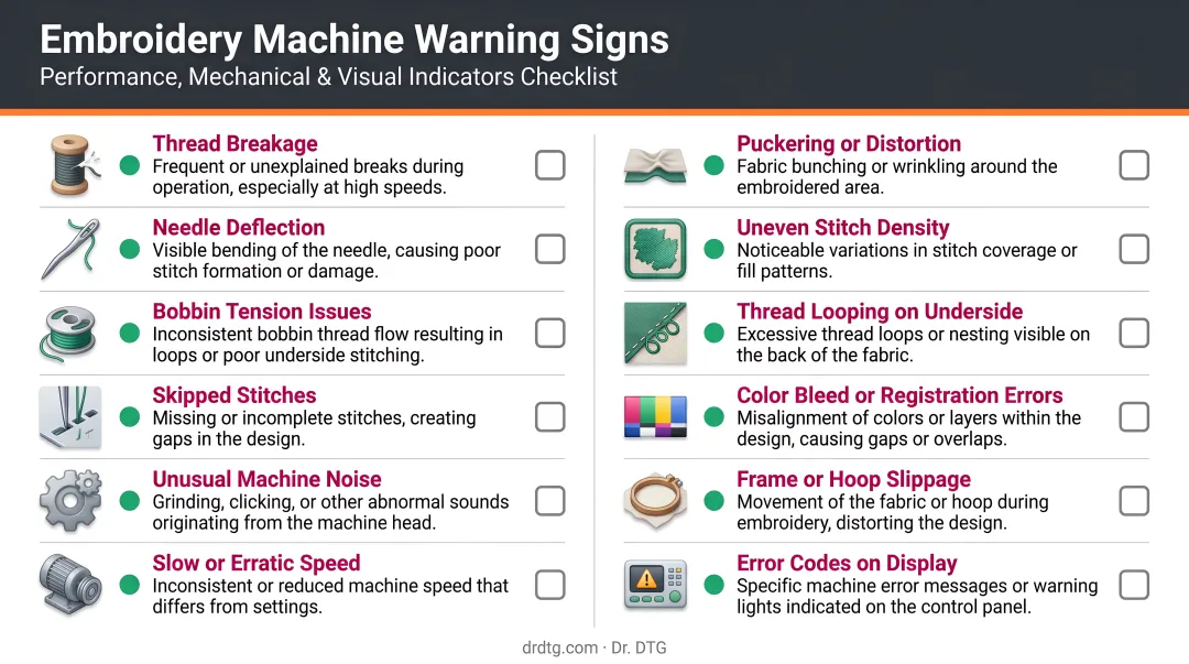 Embroidery machine warning signs checklist performance mechanical and visual indicators