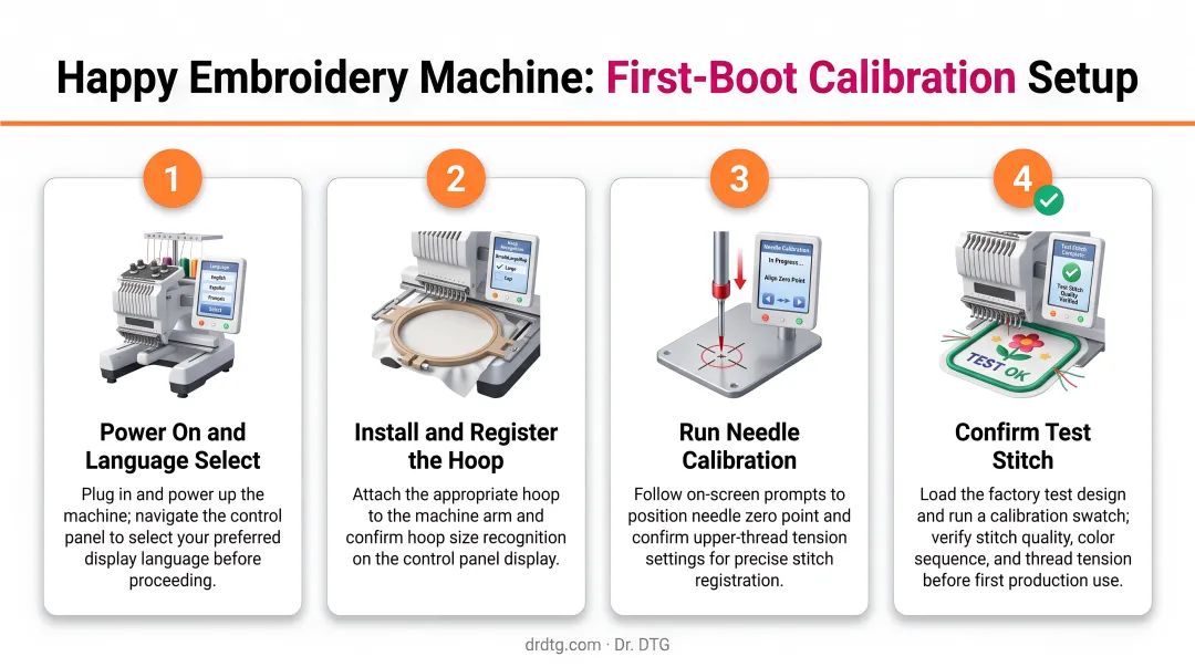 Happy embroidery machine first-boot calibration four-step setup sequence process flow