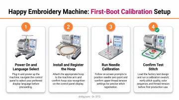 Happy embroidery machine first-boot calibration four-step setup sequence process flow