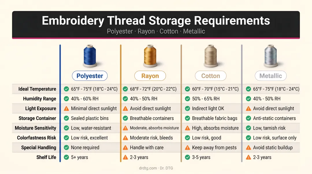Embroidery thread type storage requirements comparison table infographic polyester rayon cotton metallic