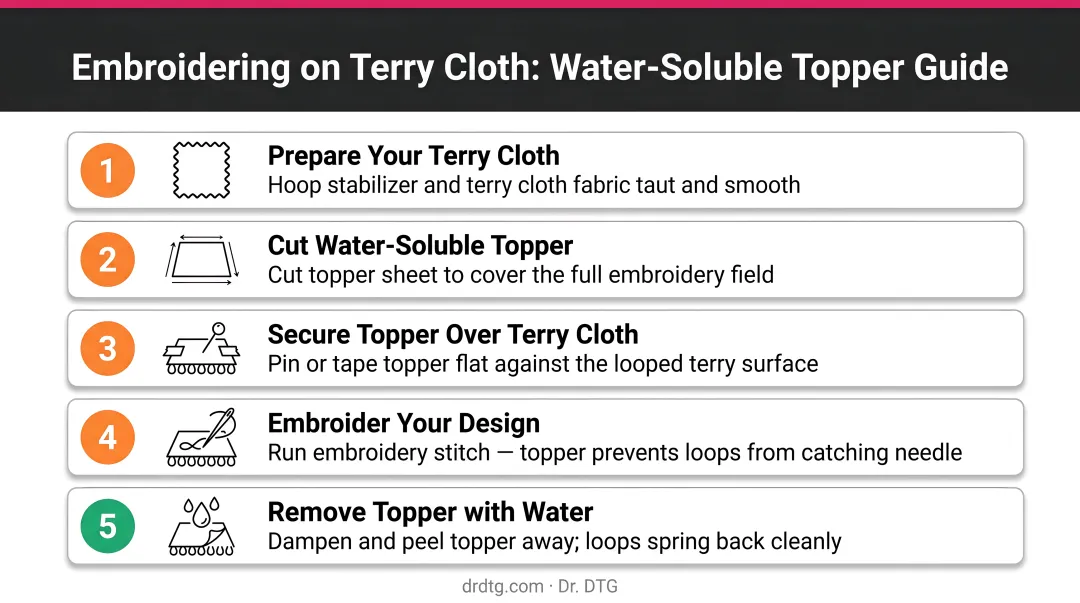 Embroidery stitching on terry cloth towel showing water-soluble topper application