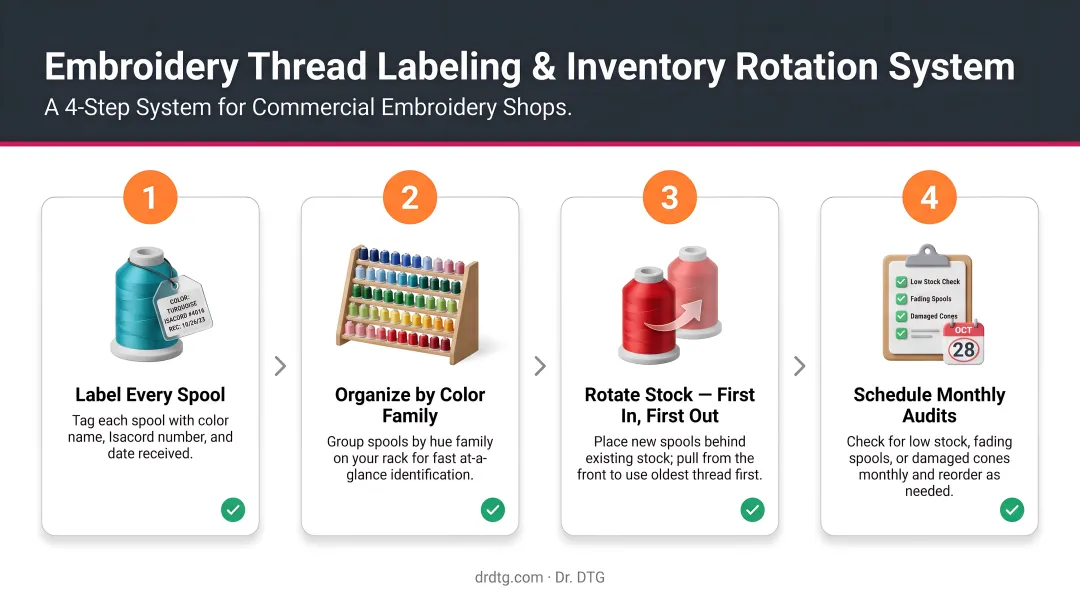 4-step embroidery thread labeling and inventory rotation system process infographic