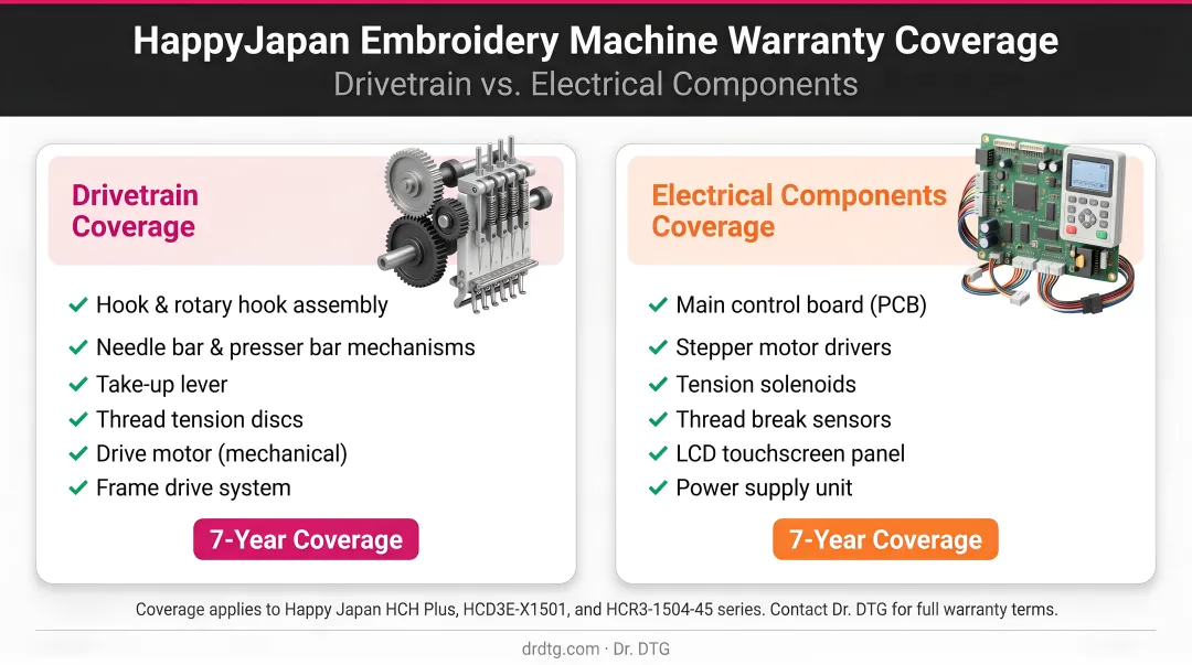 Happy Japan embroidery machine warranty coverage breakdown drivetrain versus electrical components