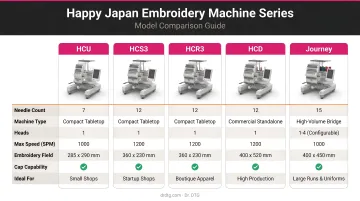 Happy Japan embroidery machine series comparison chart five models HCU HCS3 HCR3 HCD Journey
