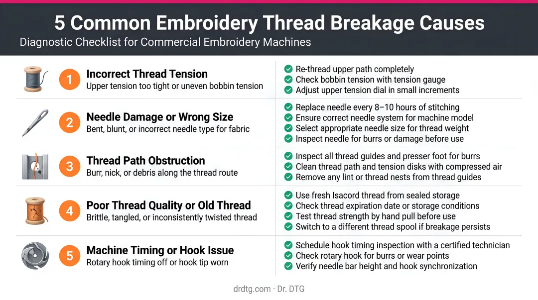 Five common embroidery thread breakage causes and diagnostic checklist infographic